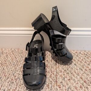 Black Patent Jelly Sandals - Women's Strappy Block Heel